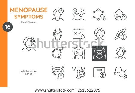 Menopause Symptoms Icons Set. Linear icons illustrating common symptoms of menopause such as hot flashes, mood swings, irregular periods, insomnia, weight gain, and joint pain. 