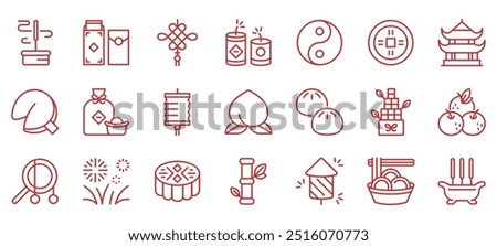 Chinese New Year Icons Set. Linear Icons of Traditional Symbols of the Chinese Lunar New Year, Including Red Envelopes, Fortune Cookies, Lanterns, Fireworks, and Temple for Celebrations and Festivals