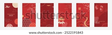 2025 Year of the Snake Premium Backgrounds Collection: Luxurious Red and Gold Templates Featuring Natural Abstract Designs with Clouds, Circles, and Ornaments. Chinese New Year Posts, Stories, Flyers.