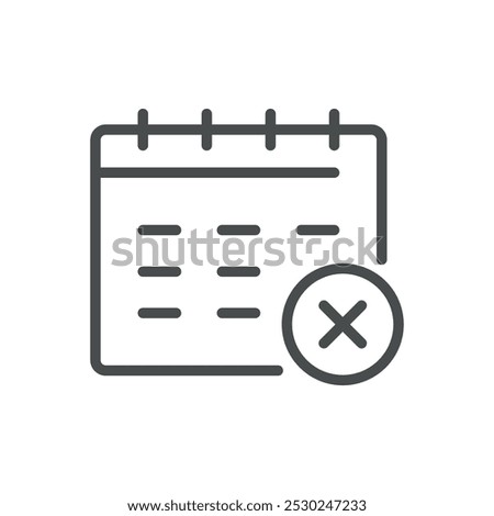 Calendar Icon with Cross Symbol for Event Cancellation, Task Removal, and Schedule Adjustment. Editable Line Vector Calendar Design.
