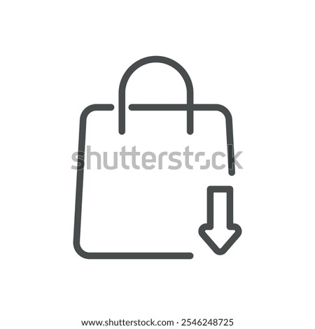 Shopping Bag Icon with Download Arrow, Online Purchase or Digital Product Indicator, Minimal Line Art for Retail and Online Shopping Vector Illustration