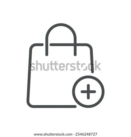 Add to Shopping Bag Icon with Plus Symbol, Online Cart Addition, Simple Line Style, Minimalist Retail and Purchase Vector Illustration