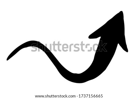 Ink arrow curled symbol hand painted with brush in swoosh whimsical style, isolated on white background. Vector illustration