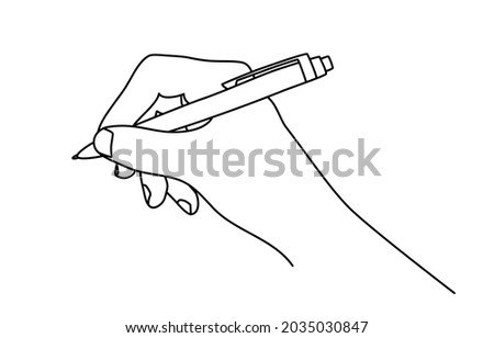 Hand holding a ball pen, writing or drawing, isolated on white background