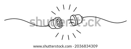 Electric plug and socket connection unplugged. Hand drawn doodle with thin line. Vector illustration isolated on white background

