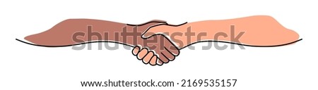 Handshake, agreement, introduction banner hand drawn with single line. Black and white people shake hands. Vector illustration isolated on white background