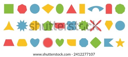 30 basic colourful shape elements with sharp and rounded edges vector set with white background.