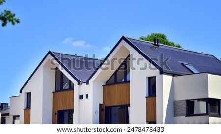 Similar – Image, Stock Photo Facade with single window, rectangles in brown and pink, graffiti and red and white construction fence in Offenbach am Main in Hesse