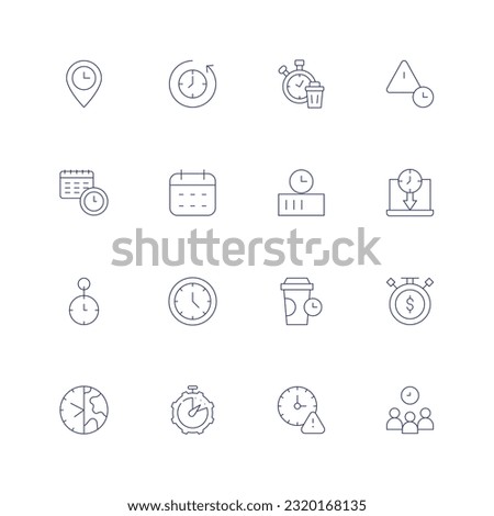 Time line icon set. Editable stroke. Thin line icon. Containing arrival, waste, expired, calendar, charging, limited, clock, coffee time, sale, earth hour, efficiency.