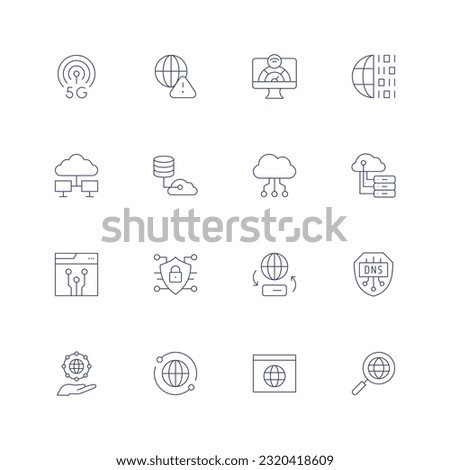 Internet line icon set. Editable stroke. Thin line icon. Containing alert, bandwidth, binary, cloud computing, cloud data, cloud server, cryptography, cyber security, data transfer, dns, global.