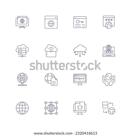 Internet line icon set. Editable stroke. Thin line icon. Containing browser, cloud server, cloud storage, cloud, www, dns, document, domain, earth, globalization, globe, homepage, hosting.