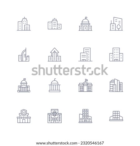 Building line icon set. Editable stroke. Thin line icon. Containing city, city building, city hall, company, condo, government, skyscrapers, insurance, laboratory, mall.