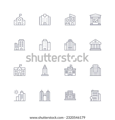 Building line icon set. Editable stroke. Thin line icon. Containing middle school, migration, modern house, museum, office building, office, parliament, politics, school, skyscraper, shopping mall.