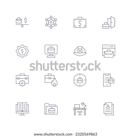 Work line icon set. Editable stroke. Thin line icon. Containing balance, outsourcing, money, dismiss, gear, telecommuting, helmet, business, work, e work, working, work table.