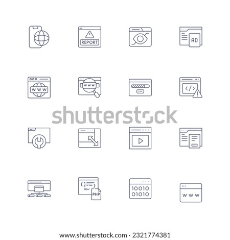 Website line icon set. Editable stroke. Thin line icon. Containing browser, report, view, worldwide, search, loading, coding, resize, video, sitemap, php, binary code.