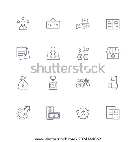 Business line icon set on transparent background with editable stroke. Containing outstanding, open sign, open book, notes, networking, profit, my business, money bag, success, comfort zone.