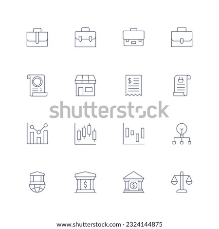 Business line icon set on transparent background with editable stroke. Containing briefcase, bill, bar chart, project management, bank, balance.