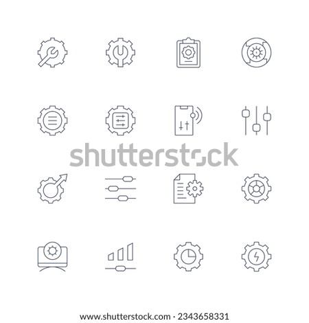 Configuration line icon set on transparent background with editable stroke. Containing settings, clipboard, iteration, configuration, preferences, testing, setup, document, setting, volume, gear.