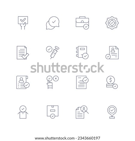 Approval line icon set on transparent background with editable stroke. Containing activism, approval, briefcase, check, approve, corporate policy, cv, approved, exam, financial, job search.