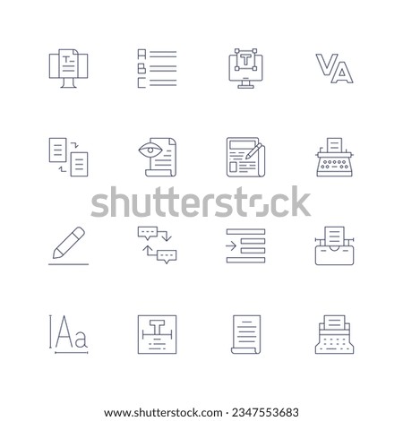 Text icon set. Thin line icon. Editable stroke. Containing blog, list, laptop, tracking, copy, proof reading, newspaper, typewriter, edit text, sequence, right indent, font, text, speech.