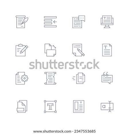 Text icon set. Thin line icon. Editable stroke. Containing announcement, left indent, chat, text, clipboard, orientation, copywriting, text file, document, scroll, file, validation, files.