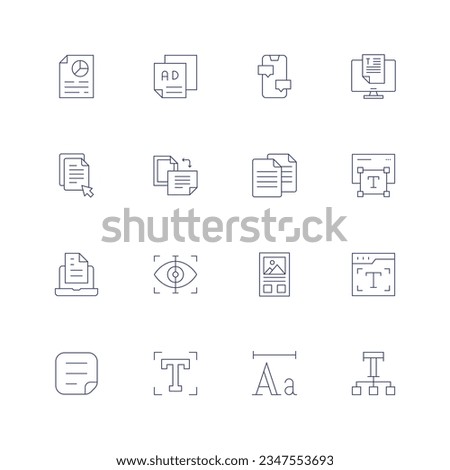Text icon set. Thin line icon. Editable stroke. Containing analysis, leaflet, chat, text, click, orientation, copy, text editor, document, scan, essay, typography, file, font.