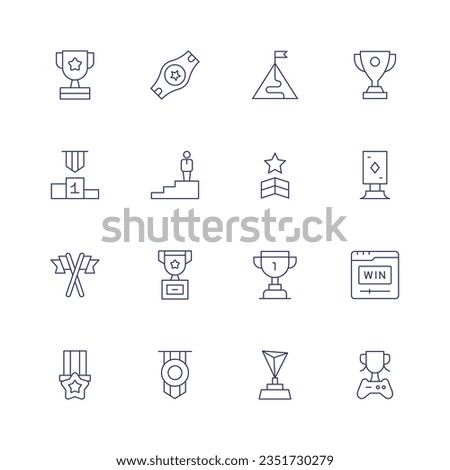 Winner icon set. Thin line icon. Editable stroke. Containing award, belt, mission, trophy, competition, podium, star, winner, flags, win, medal.