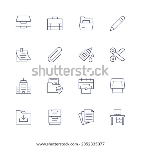 Office icon set. Thin line icon. Editable stroke. Containing archive, briefcase, folder, pencil, sticky note, clip, glue, scissors, corporate, documents, office, table, download, file, paper.