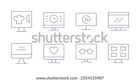 Computer screen icons. editable stroke. Containing computer, time, monitor, arroba, tv, reading mode, share.