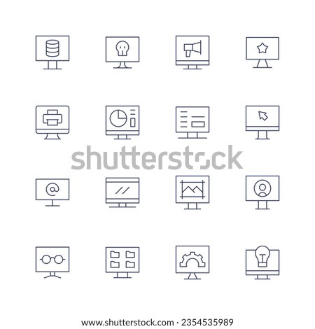 Computer screen line icon set on transparent background with editable stroke. Containing computer, screen, arroba, tv, reading mode, share, settings, idea.