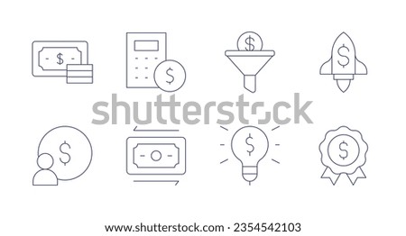 Money icons. editable stroke. Containing money, calculator, earnings, money transfer, sales funnel, rocket, light bulb, badge.