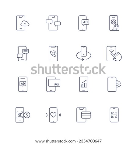Smartphone icon set. Thin line icon. Editable stroke. Containing uploading, chat, online marketing, web maintenance, smartphone, phone call, mobile rotation, advertising, cashless payment, mobile.