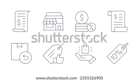 Shopping icons. Editable stroke. Containing receipt, shop, coins, invoice, return, best price, product, percent.