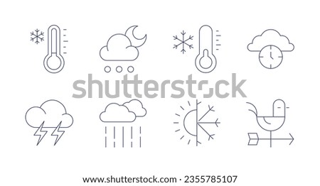 Weather icons. Editable stroke. Containing cold, lightning, time, weather vane, temperature, weather, hail, rain.