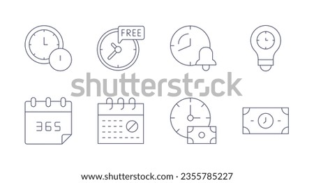 Time icons. Editable stroke. Containing alarm clock, free time, time, calendar, no weekend, time is money.