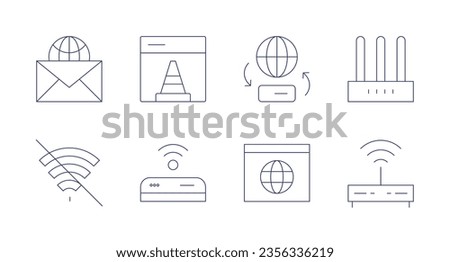 Internet icons. Editable stroke. Containing mail, under construction, data transfer, internet service, no wifi, wifi, global, modem.