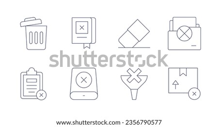 Delete icons. Editable stroke. Containing bin, book, eraser, folder, cancellation, data storage, funnel, out of stock.