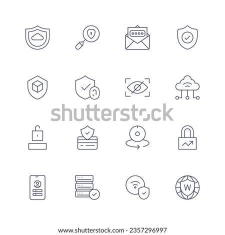 Security icon set. Thin line icon. Editable stroke. Containing security, email, shield, spyware, virtual, secure payment, degree, increase, log in, server, wifi, world grid.