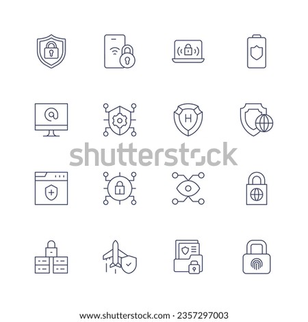 Security icon set. Thin line icon. Editable stroke. Containing security, personal security, protection, plane, secret file, lock.
