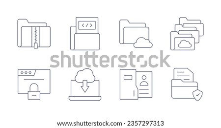 Data icons. Editable stroke. Containing zip, coding, cloud, folders, browser, laptop, employee, document.