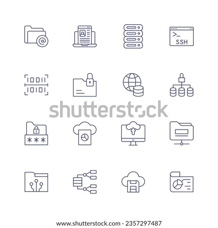 Data icon set. Thin line icon. Editable stroke. Containing email, online resume, big data, ssh, binary code, archive, globe, access, folder, cloud, cloud network, data, cloud data.