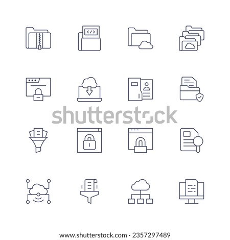 Data icon set. Thin line icon. Editable stroke. Containing zip, coding, cloud, folders, browser, laptop, employee, document, filter, web security, case, cloud data, data.