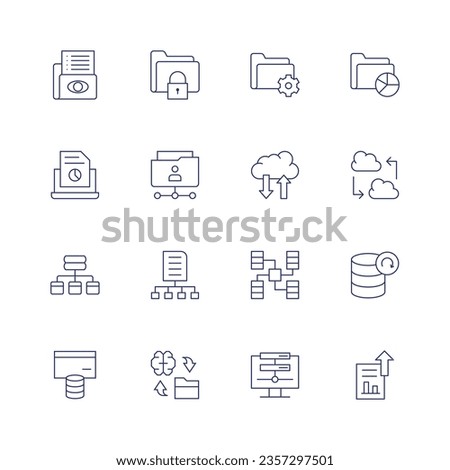 Data icon set. Thin line icon. Editable stroke. Containing watchlist, locked, settings, analytics, report, folder, cloud computing, sharing, diagram, big, backup, data, save, modelling.
