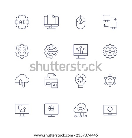 Technology icon set. Thin line icon. Editable stroke. Containing artificial intelligence, computer, computer mouse, computer networking, brain, digital transformation, digitalization, cloud, folder.