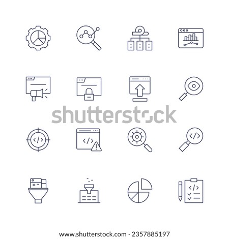 Seo icon set. Thin line icon. Editable stroke. Containing analytics, framework, web traffic, browser, insert, insight, coding, magnifying glass, filter, pie chart, planning.