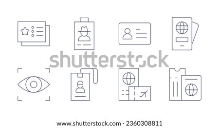 Identity icons. editable stroke. Containing business card, cover, eye scanner, id card, identity card, passport.