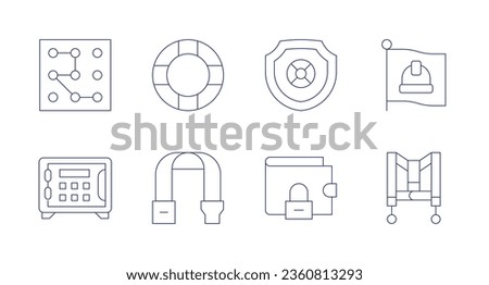 Safety icons. editable stroke. Containing flag, harness, pattern lock, rubber ring, safe box, safety belt, shield, wallet.