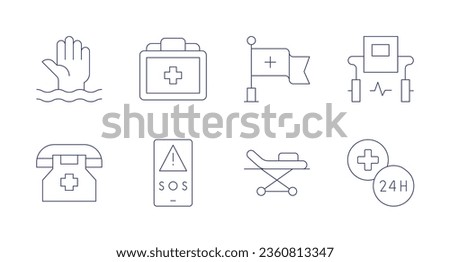 Emergency icons. editable stroke. Containing defibrillator, drowning, emergency, emergency number, medical kit, red cross, sos, stretcher.