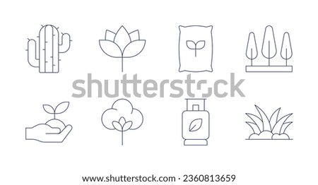 Nature icons. editable stroke. Containing cactus, ecology and environment, fertilizer, gas, grass, lotus, organic cotton, trees.