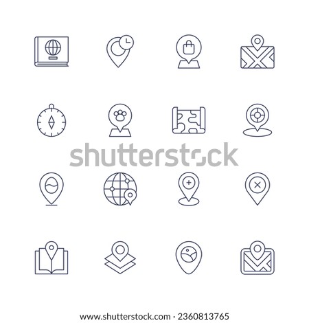 Map icon set. Thin line icon. Editable stroke. Containing atlas, clock, compass, dog, easter, globe grid, guide book, location, location pin, map, map marker, maps, placeholder, remove, street map.